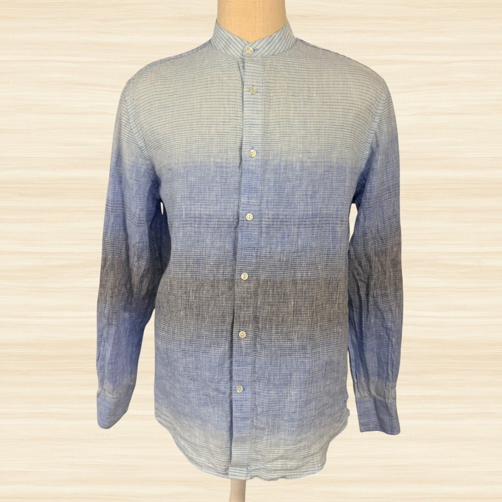 Fabindia 100% Linen Shirt Ombre Blue Band Collar Slim Fit Long Sleeve Mens 42